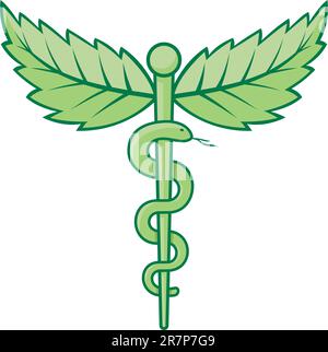 Single snake caduceus with mint leaves isolated on white background. Stock Vector