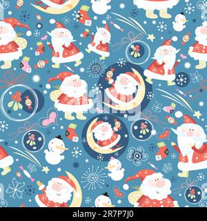 seamless pattern of the funniest Santa Clauses and balls on a blue background Stock Vector
