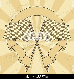Crossed racing flags with a banner on beige grunge background. Stock Vector