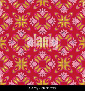Cheerful, seamless and colorful floral pattern with dots on a bright red background Stock Vector
