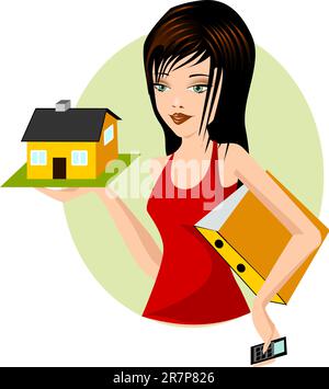 . Illustration of a woman with a model home Stock Vector