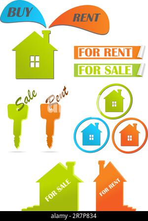 Set of color icons and stickers (sale of real estate). Vector Illustration. Stock Vector