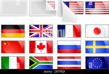 Editable vector selection of fresh bright international flag transfer stickers with un-peeling cover Stock Vector