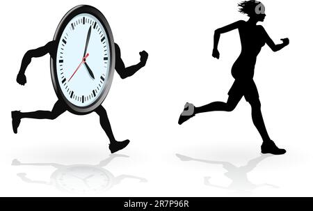 Running against the clock conceptual design. Woman trying to beat her best time or concept for being under time pressure. Stock Vector