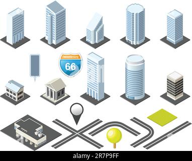 Downtown Isometric Map toolkit with Buildings and Roads Stock Vector