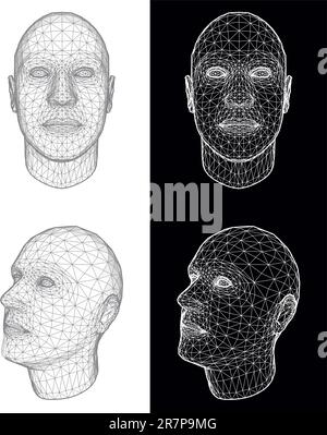 Set of two wireframe views of a human head at different angles on white and black background. Vector Illustration Stock Vector