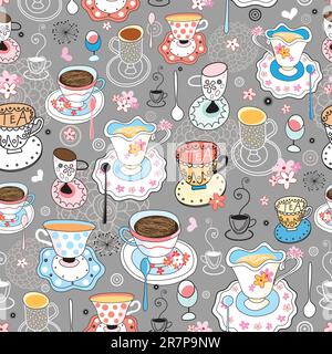 seamless pattern of beautiful colorful graphics with cups of tea on a pale background Stock Vector