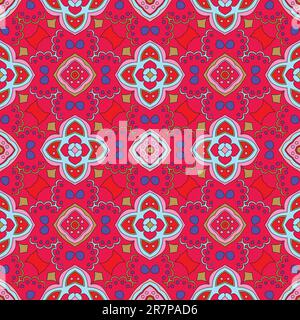 Cheerful, seamless and colorful floral pattern with swirls on a bright red background Stock Vector