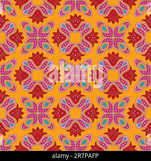 Cheerful, seamless and colorful floral pattern with dots on a bright orange background Stock Vector