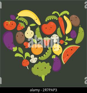 Fruits and vegetables heart shape, vector illustration Stock Vector