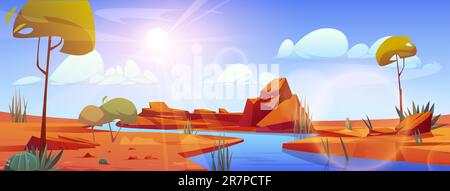 River flowing through Sahara desert. Vector cartoon illustration of sandy dunes landscape, stones on bank, green cacti plants growing near water, sunlight flaring in air, blue sky with white clouds Stock Vector