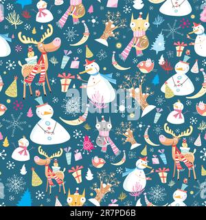 seamless pattern of snowmen and elk, and various toys on a dark blue background with snowflakes Stock Vector