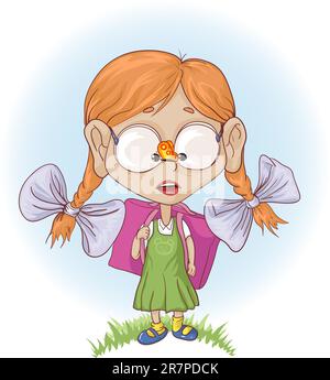 A ginger girl on the way in school saw a butterfly. Vector illustration. Stock Vector