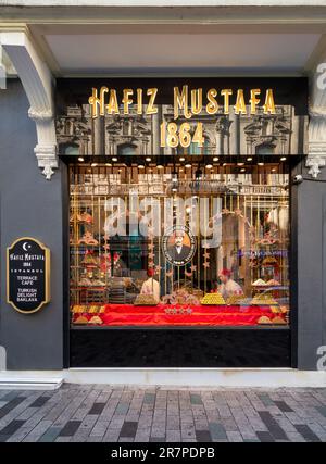 Istanbul, Turkey - May 13, 2023: Display window of Hafiz Moustafa, an old traditional Turkish Delight shop, in Istiklal Street, near Taksim Square Stock Photo