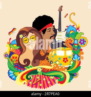 Retro cover with the face of girl and men and bright flowers Stock Vector