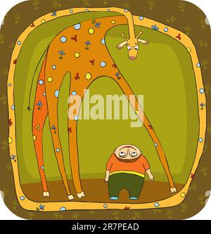 The little boy standing near a giraffe with very long neck Stock Vector