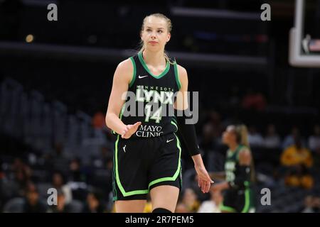 Los Angeles Sparks' Karlie Samuelson tries to pass during the second half  of a WNBA basketball game against the Minnesota Lynx Tuesday, June 20, 2023,  in Los Angeles. (AP Photo/Mark J. Terrill