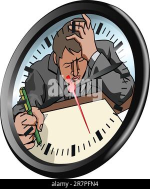 Conceptual piece. A man looking very stressed and under pressure working in clock face Stock Vector