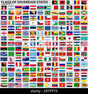 Vector set of Flags of world sovereign states (September 2011). New flags of Libya, South Sudan, Myanmar, Malawi. Stock Vector
