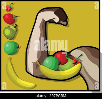 A Vector illustration which shows us that healthy food can make as strong. Also there is a pack of vegetables and fruits. Stock Vector
