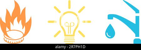 Flat icons of Electricity, Gasification and Water supply symbols as concept of utility bills payment Stock Vector