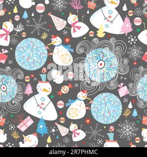 seamless pattern winter of funny snowmen on a dark background Stock Vector