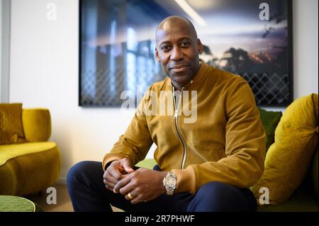 Berlin, Germany. 06th June, 2023. Joe Chialo (CDU), Berlin's Senator for Culture and Social Cohesion, sits in his office in Berlin's cultural administration after speaking with Deutsche Presse-Agentur dpa. Credit: Bernd von Jutrczenka/dpa/Alamy Live News Stock Photo