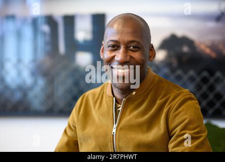 Berlin, Germany. 06th June, 2023. Joe Chialo (CDU), Berlin's Senator for Culture and Social Cohesion, sits in his office in Berlin's cultural administration after speaking with Deutsche Presse-Agentur dpa. Credit: Bernd von Jutrczenka/dpa/Alamy Live News Stock Photo