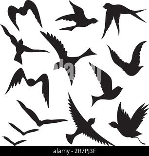 A set of flying birds silhouettes isolated on white background. Stock Vector