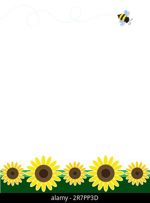 A frame or border featuring sunflowers at the bottom and a bee flying across the top Stock Vector