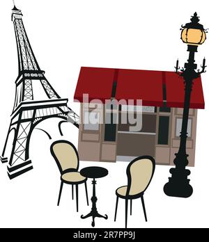 Eiffel tower, street lights and cafe Stock Vector