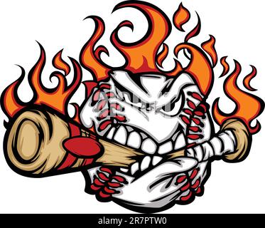 Flaming Baseball Ball Face Biting Bat Illustration Vector Stock Vector