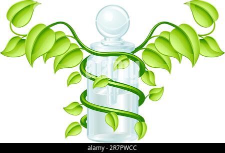 Natural caduceus bottle concept, could be homoeopathy bottle or other natural remedy. Stock Vector