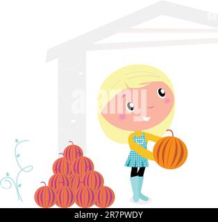 Cute little cartoon Girl with pumpkin heads. Vector cartoon illustration. Stock Vector
