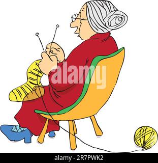 Elderly woman knitting a sock on the needles. Vector illustration of a format EPS. Stock Vector