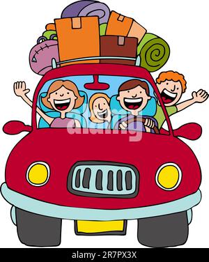 An image of a family driving in their car with luggage on top. Stock Vector