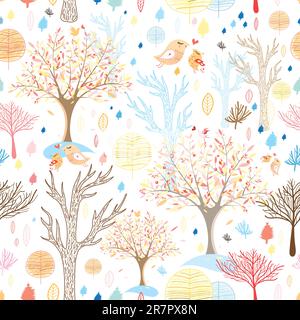 seamless pattern from autumn forest with birds on a white background Stock Vector