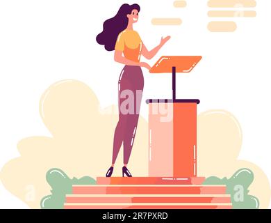 Hand Drawn Businesswoman speaking on the podium in flat style isolated on background Stock Photo