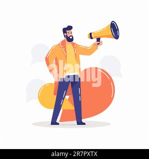 Hand Drawn man with megaphone in flat style isolated on background Stock Photo