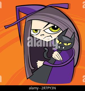 cartoon illustration of funny witch with black cat Stock Vector