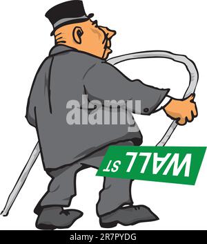 Picture a fat businessman smashing road sign that says Wall Street. Stock Vector