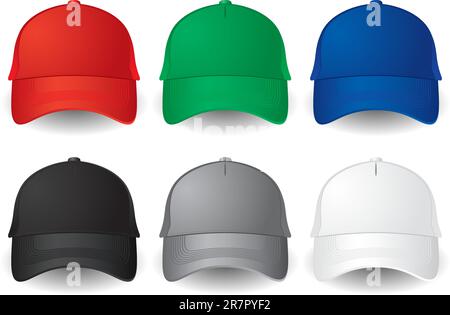 Set of solid color vector baseball caps isolated on white. Stock Vector