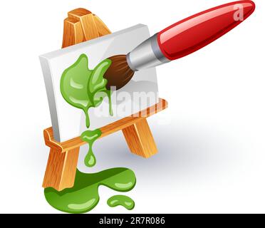 Easel and paintbrush. Paintbrush coloring canvas on easel isolated on white background. Stock Vector