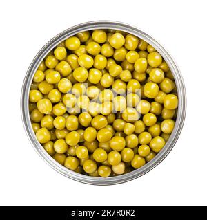 Canned green peas, in an open can. Small spherical seeds of the pod fruit Pisum sativum, boiled and canned to preserve the legumes. Stock Photo
