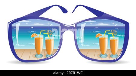 two glasses with orange drink on the beach are reflected in sunglasses Stock Vector