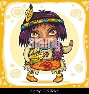 Thanksgiving theme: Cute North American Indian boy with corn. Stock Vector