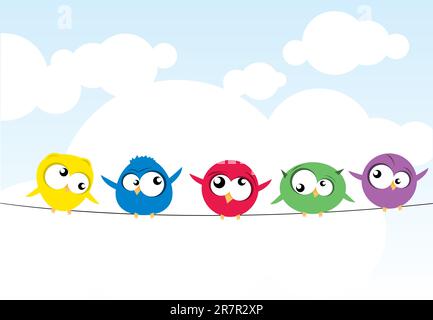 vector illustration of a group of birds on a wire Stock Vector