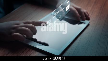 Woman use digital tablet to login in personal user. Security information and encryption. Cyber security concept. Secure internet access. Personal user. Stock Photo