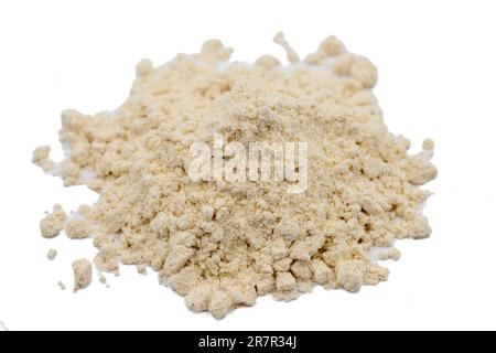Mahlep powder isolated on white background. Pile of mahleb. close up Stock Photo