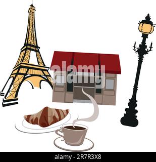 Eiffel tower, street lights and cafe Stock Vector